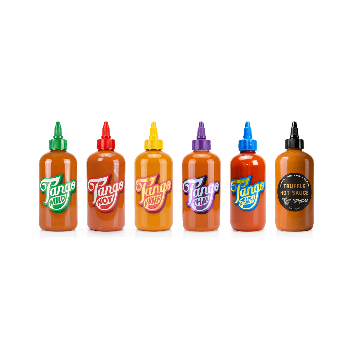 Make Your Own Six-Pack, example assortment: one each of Mild, Hot, Mango, Thai, Sriracha and Truffle. You choose your own six flavors